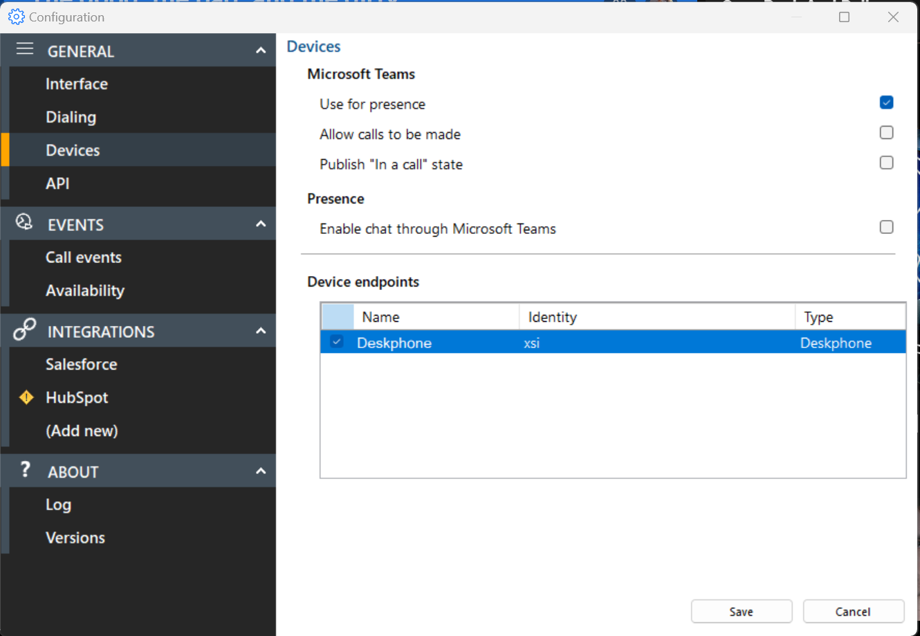 Configuration — Devices panel showing Deskphone selected