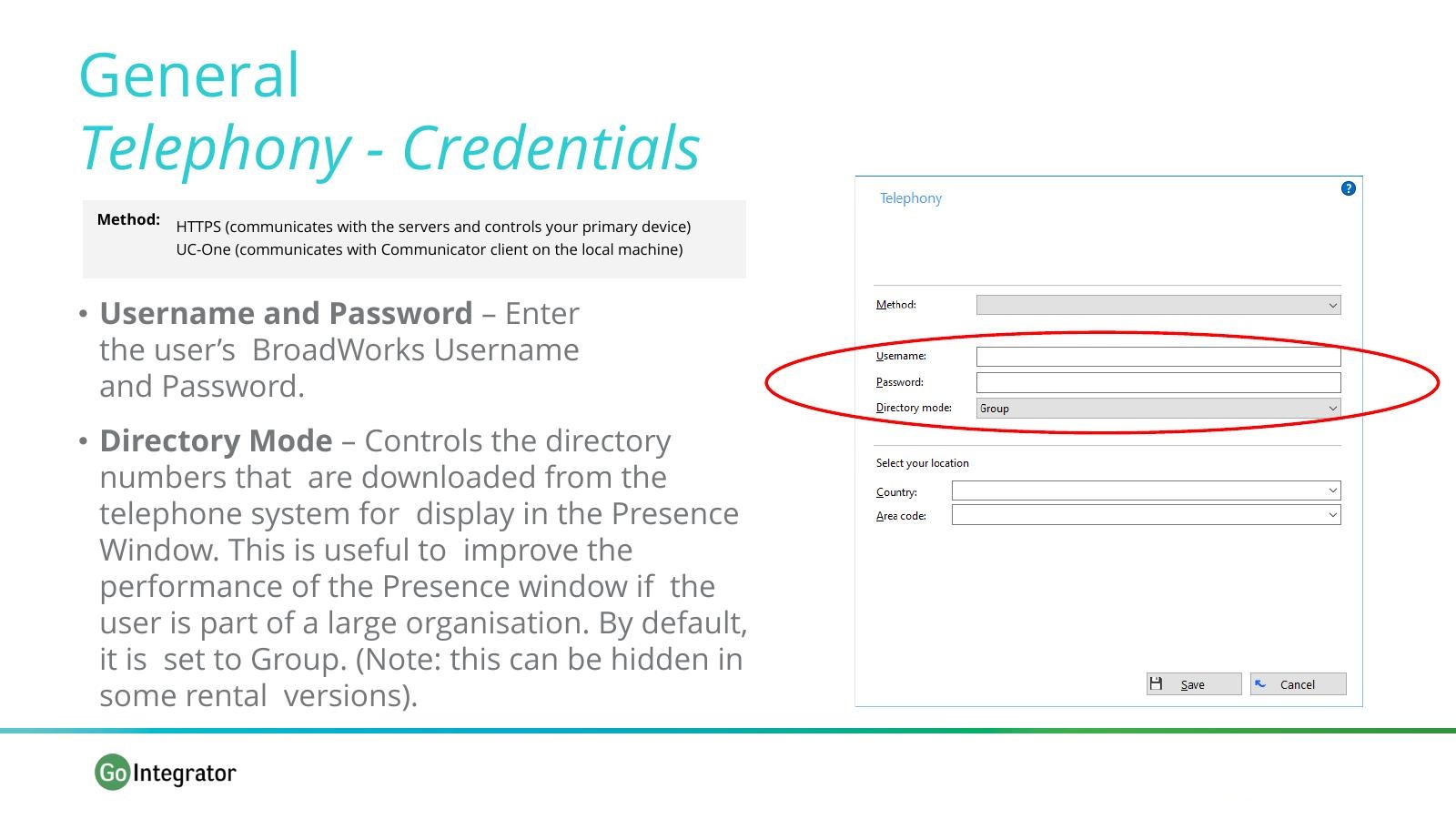 Go Integrator telephony credentials configuration