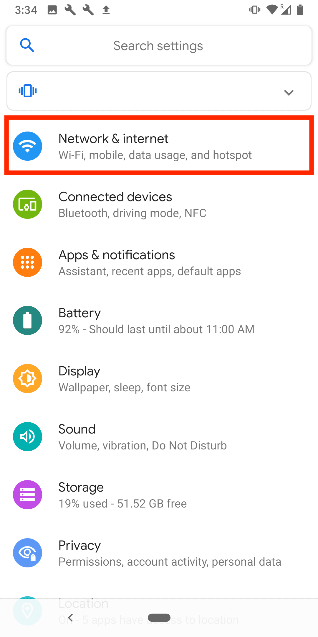 Android Network & Internet option