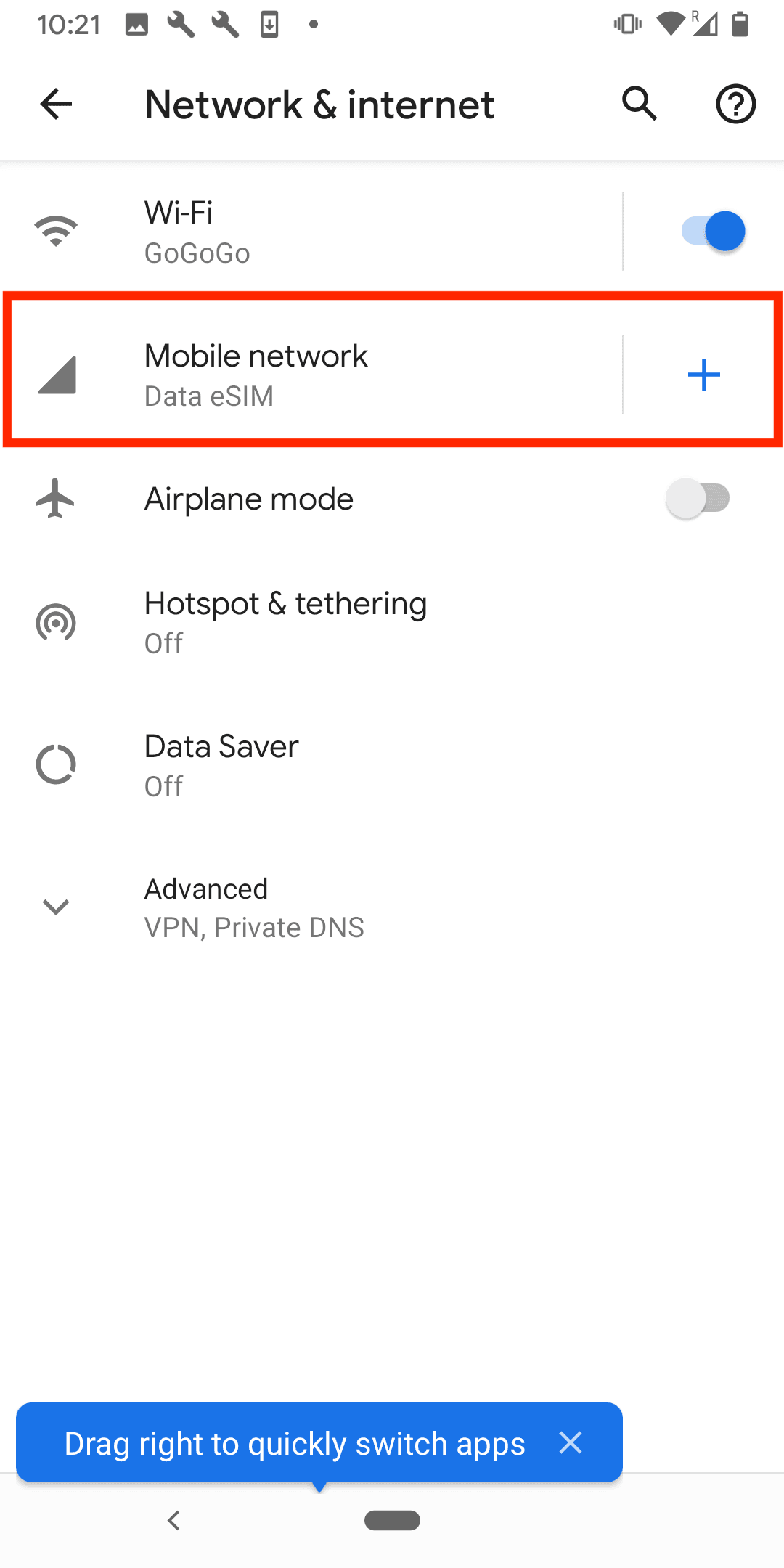 Android Mobile Network menu