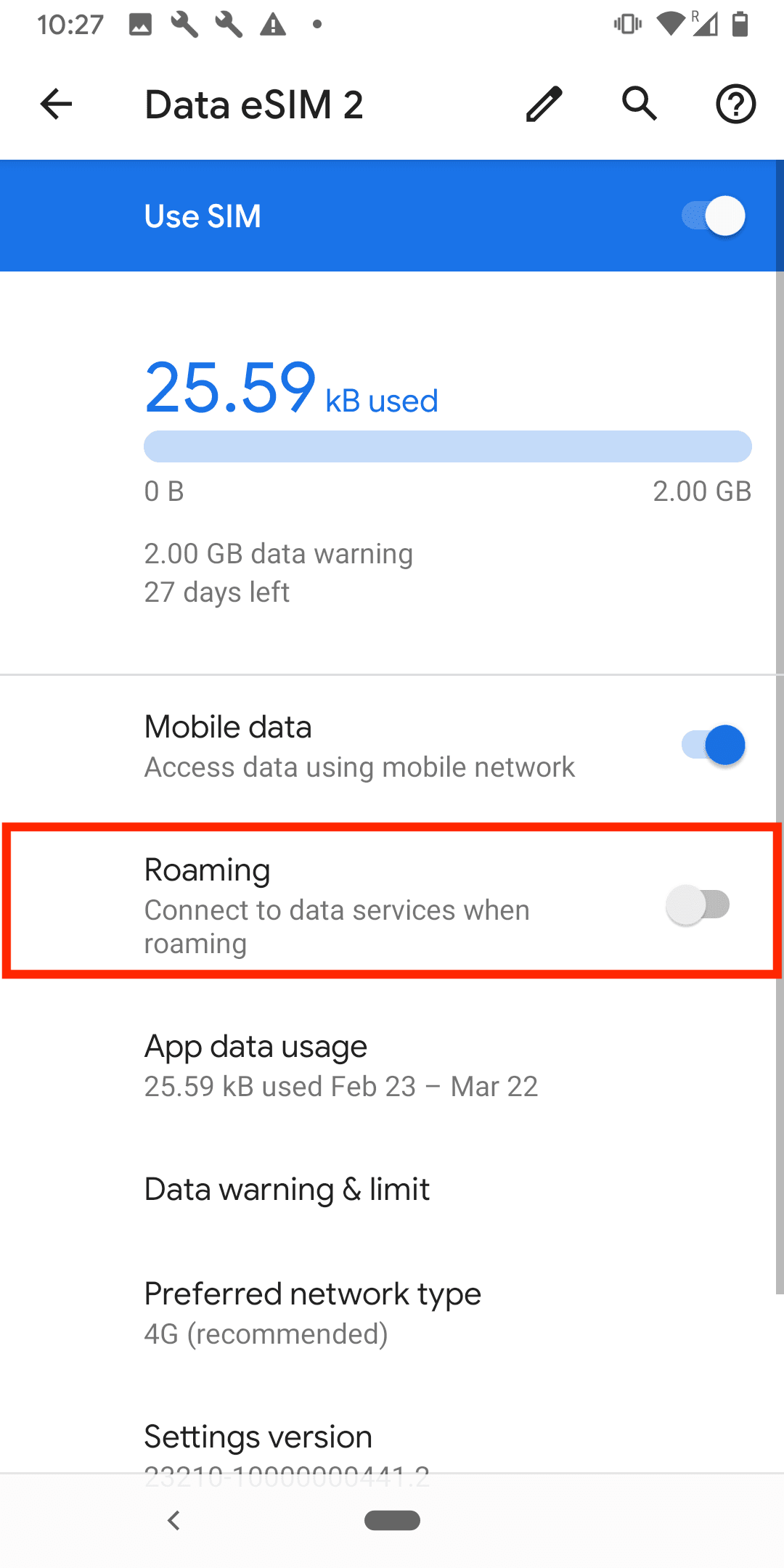 Android Roaming toggle set to ON