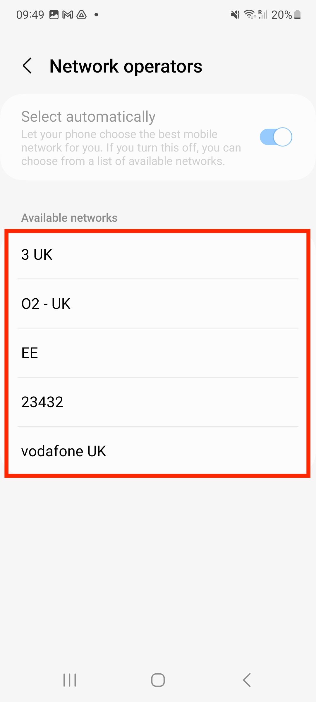 Android network list for manual selection