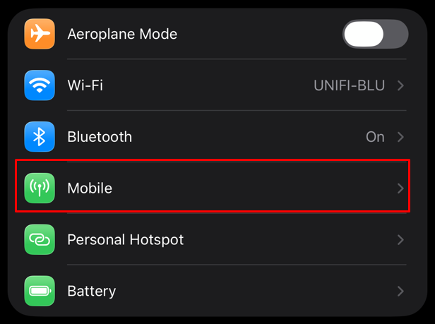 iPhone Mobile option in Settings