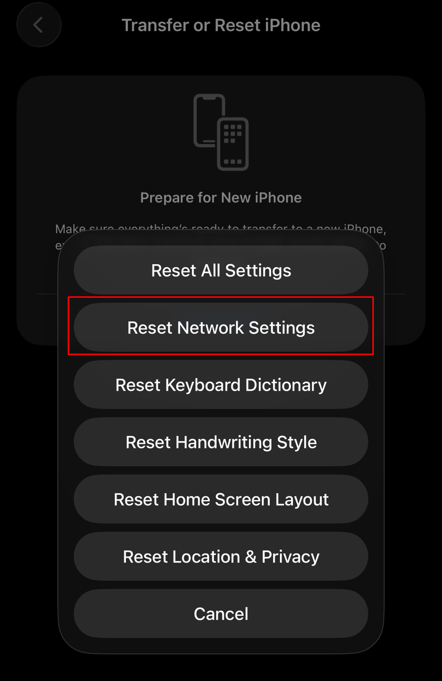 iPhone Reset Network Settings path