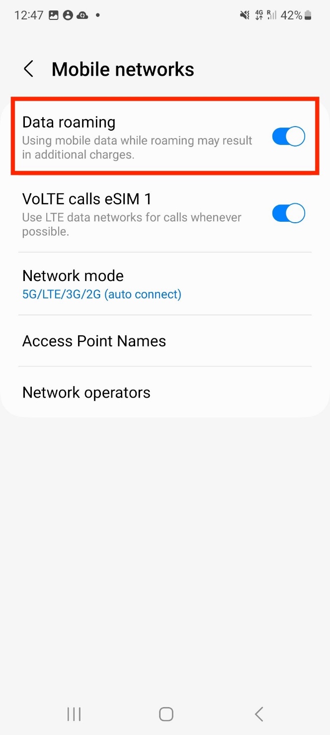 Samsung Data Roaming toggle set to ON