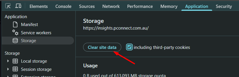 DevTools Application tab with Clear site data button and Cookies checkbox