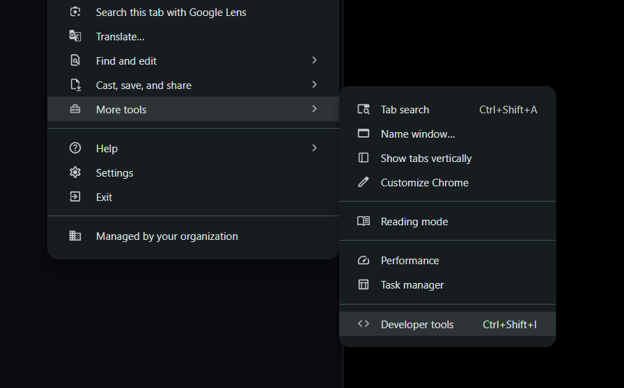 Chrome menu showing More Tools → Developer Tools