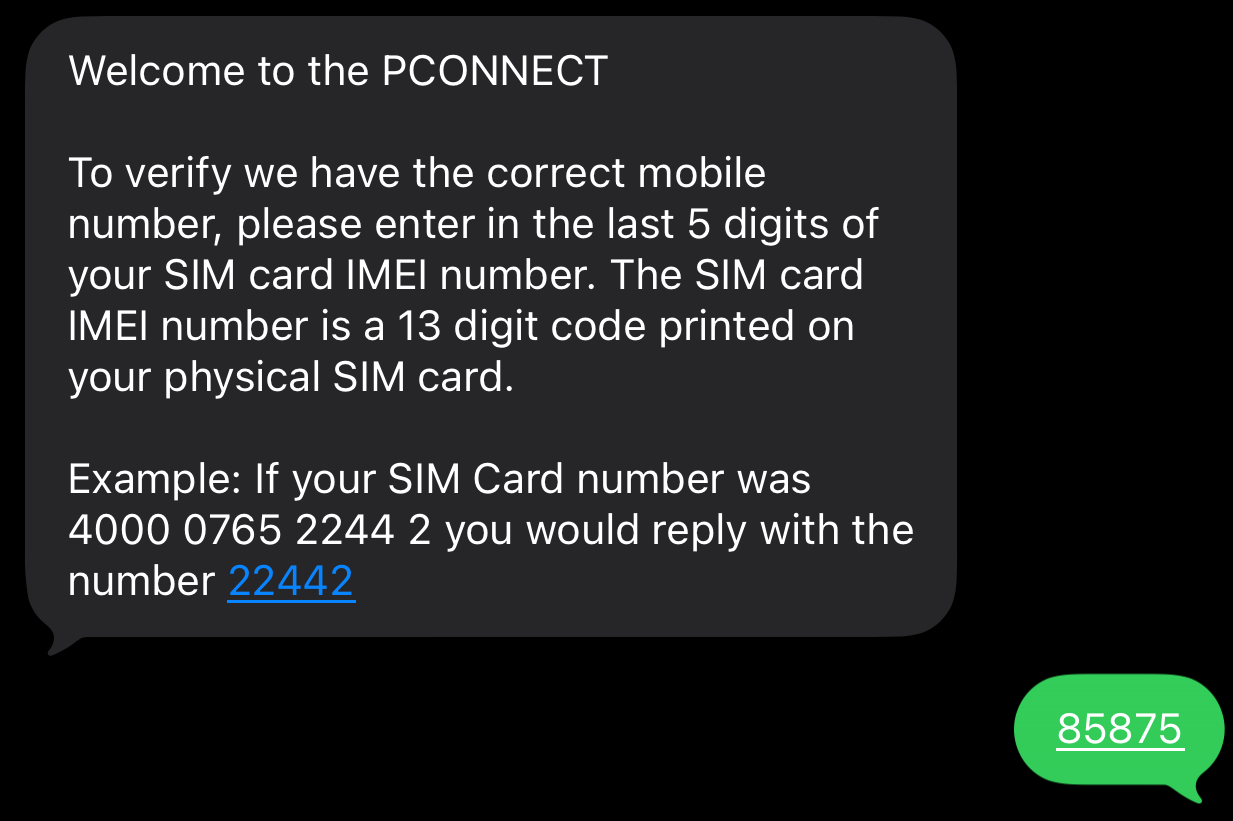 Screenshot showing IMEI verification SMS with example reply