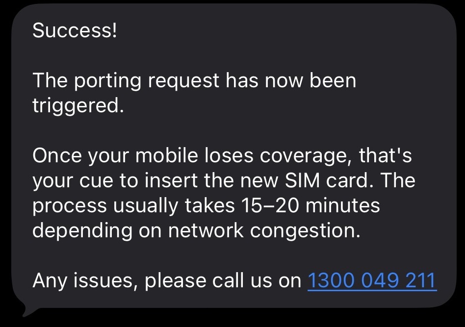 Screenshot showing porting success confirmation SMS